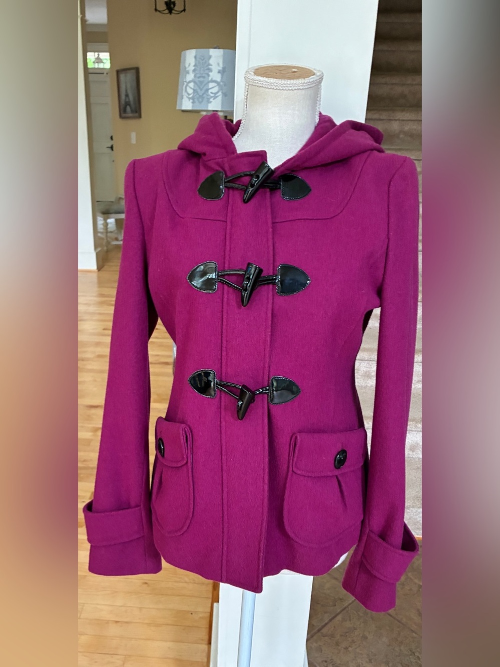 Guess Magenta Wool Blend Hooded Toggle Pea Coat